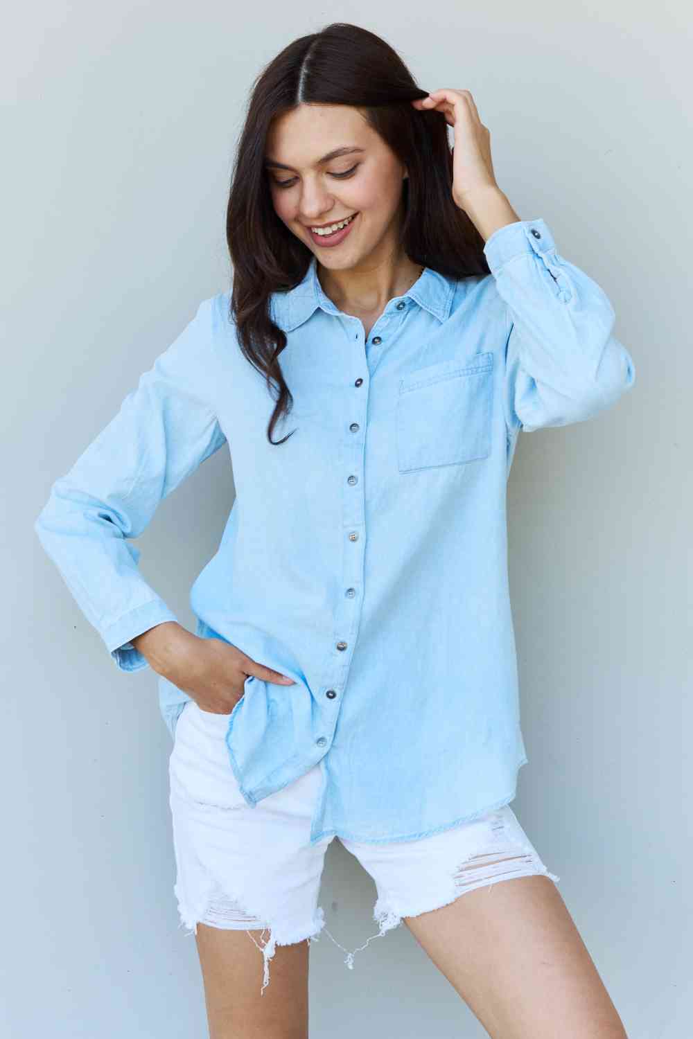 Doublju Blue Jean Baby Denim Button Down Shirt Top in Light Blue - TRENDMELO