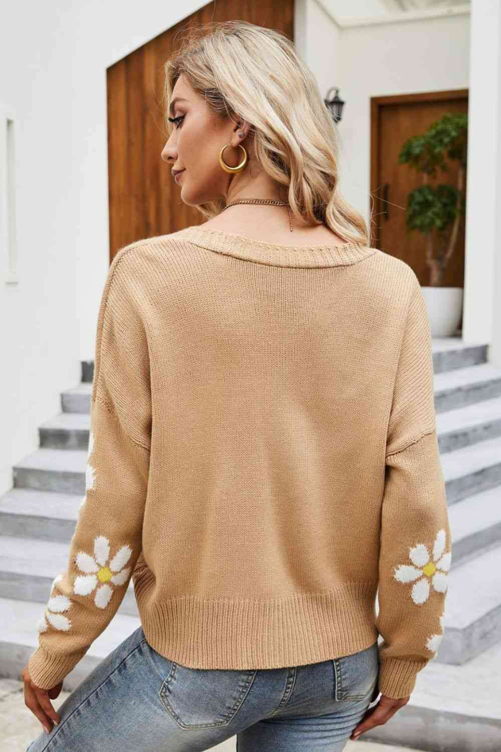 Floral Ribbed Trim Drop Shoulder Cardigan - TRENDMELO