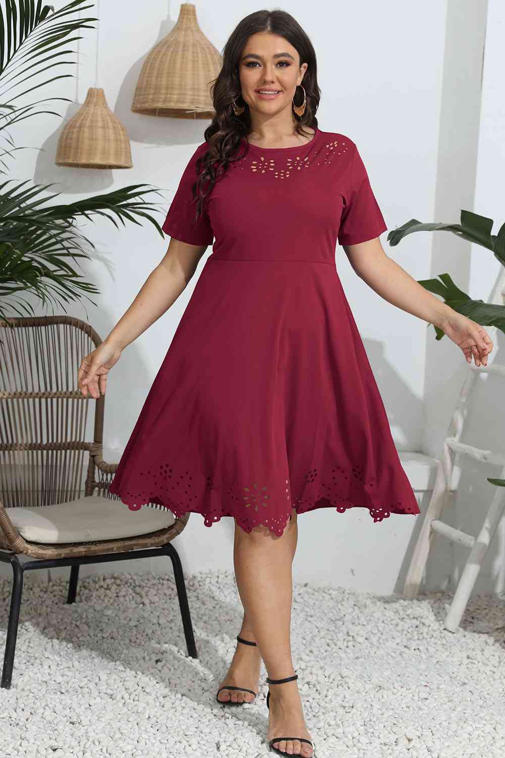 Plus Size Round Neck Openwork Dress - TRENDMELO