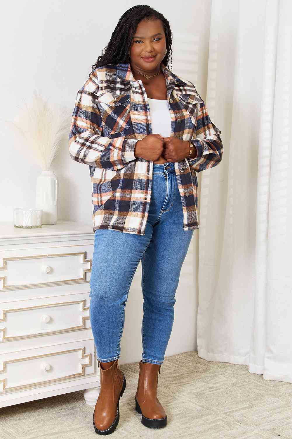 Double Take Plaid Button Front Shirt Jacket with Breast Pockets - TRENDMELO