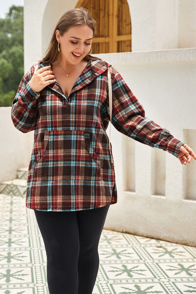 Plus Size Drawstring Plaid Quarter Button Hoodie - TRENDMELO