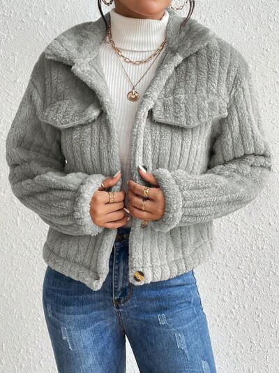 Fuzzy Button Up Collared Neck Jacket - TRENDMELO