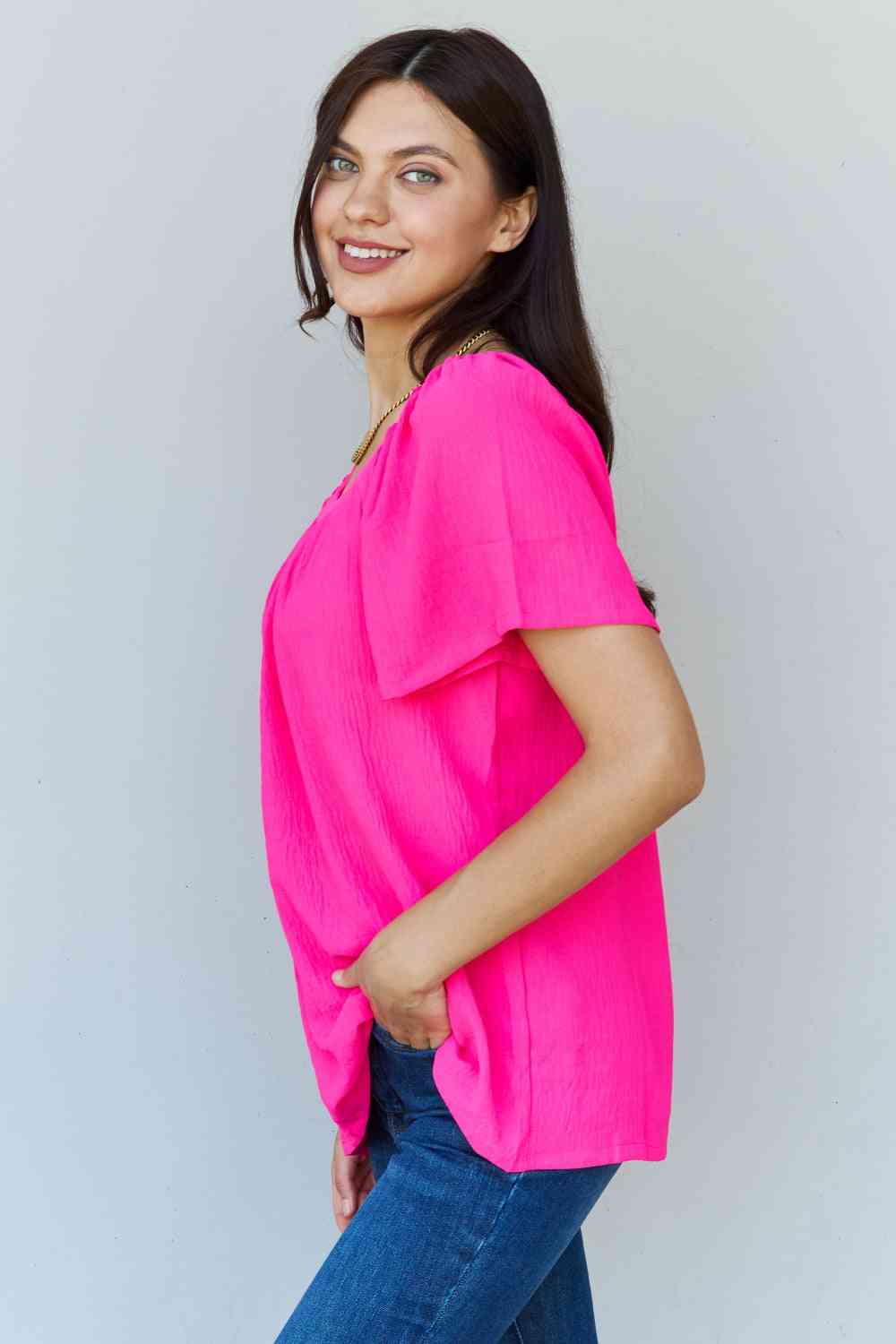 Ninexis Keep Me Close Square Neck Short Sleeve Blouse in Fuchsia - TRENDMELO