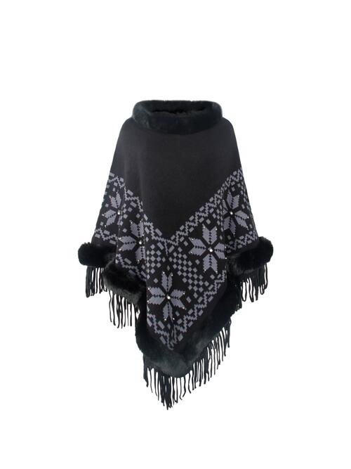 Fringe Geometric Cape Sleeve Poncho - TRENDMELO