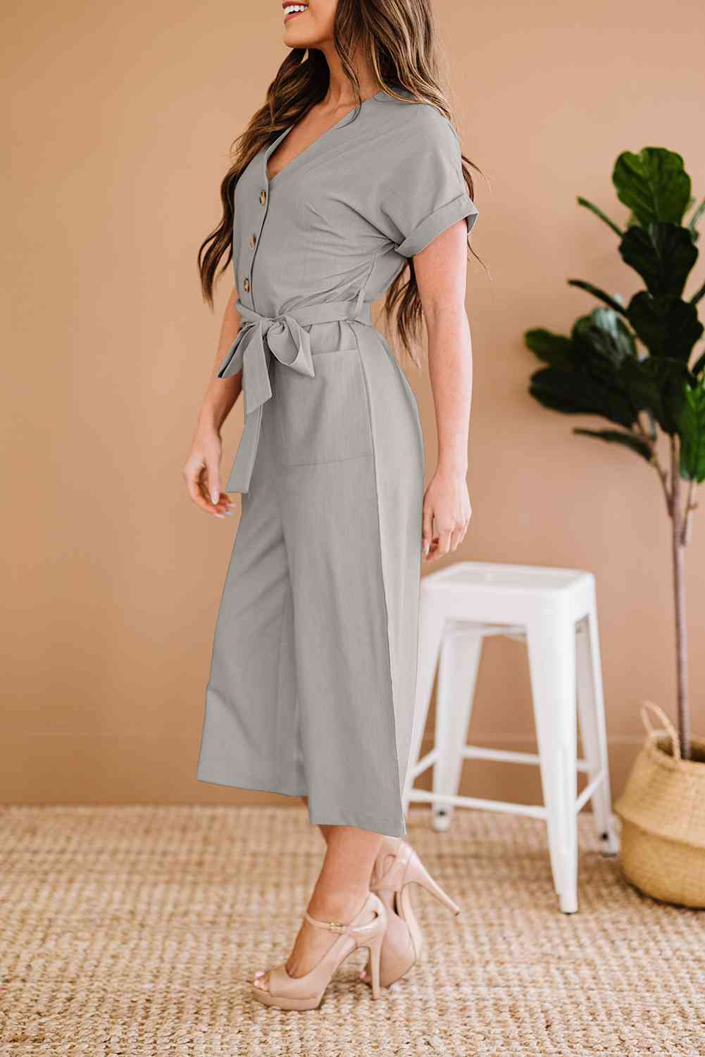 Button Front Belted Cropped Jumpsuit with Pockets - TRENDMELO
