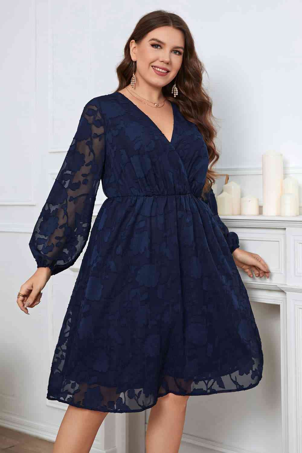 Melo Apparel Plus Size Surplice Neck Balloon Sleeve Dress - TRENDMELO