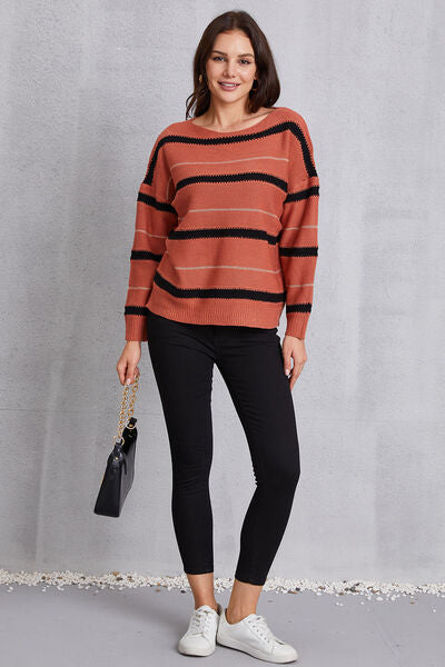 Striped Round Neck Dropped Shoulder Sweater - TRENDMELO