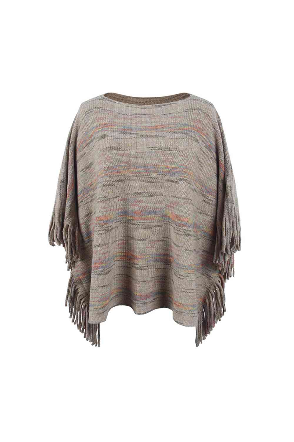 Round Neck Fringe Detail Sleeve Poncho - TRENDMELO