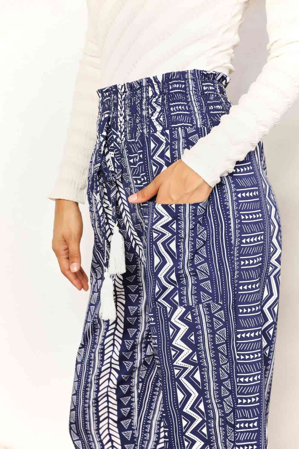 Double Take Geometric Print Tassel High-Rise Pants - TRENDMELO