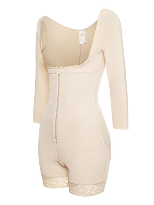 Full Size Zip Up Lace Detail Long Sleeve Shapewear - TRENDMELO