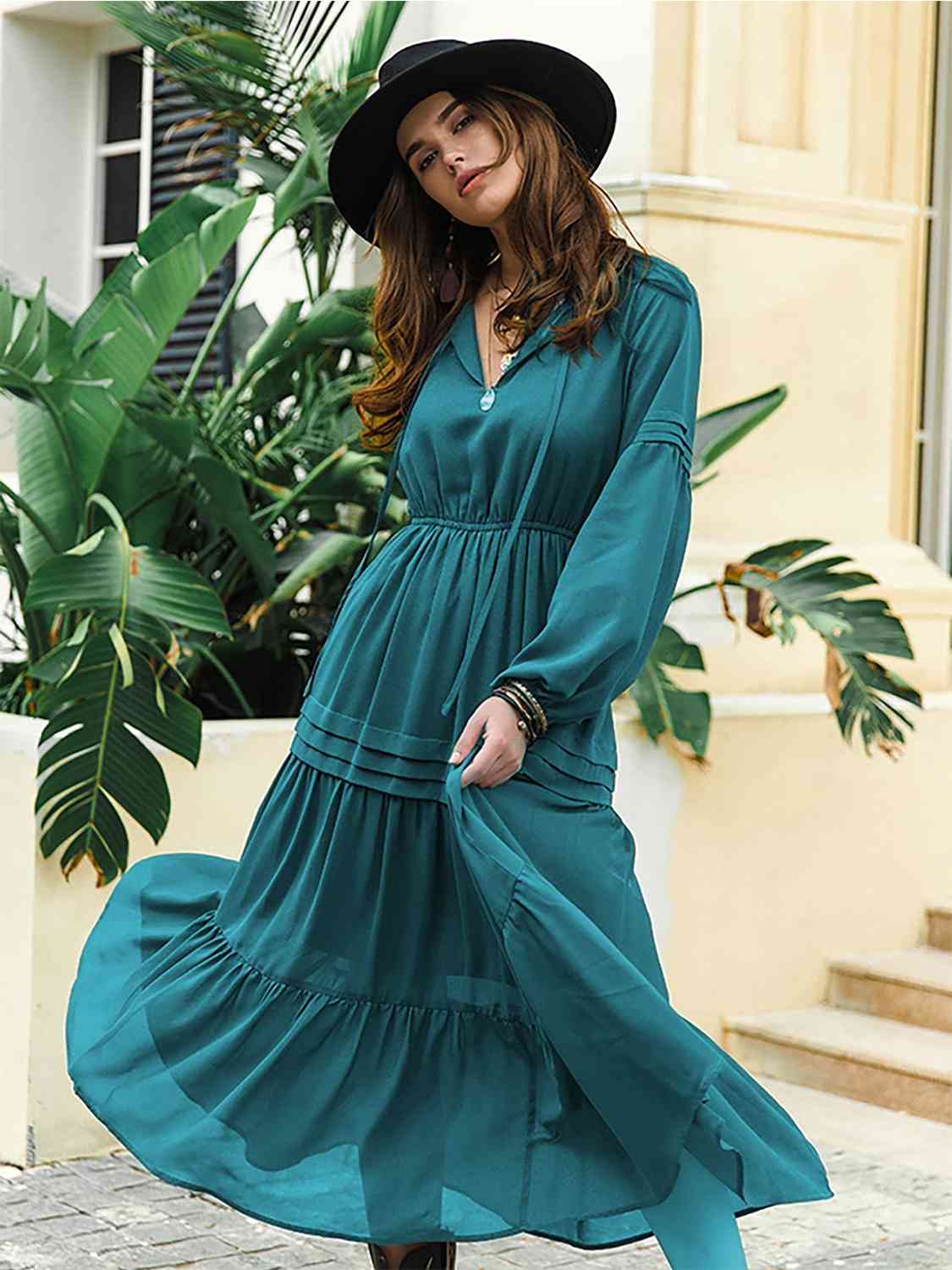 Tie Neck Long Sleeve Midi Tiered Dress - TRENDMELO