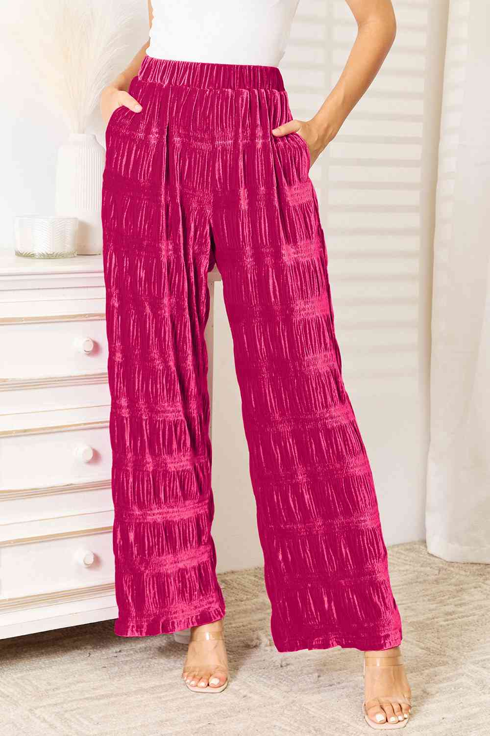 Double Take Full Size High Waist Tiered Shirring Velvet Wide Leg Pants - TRENDMELO