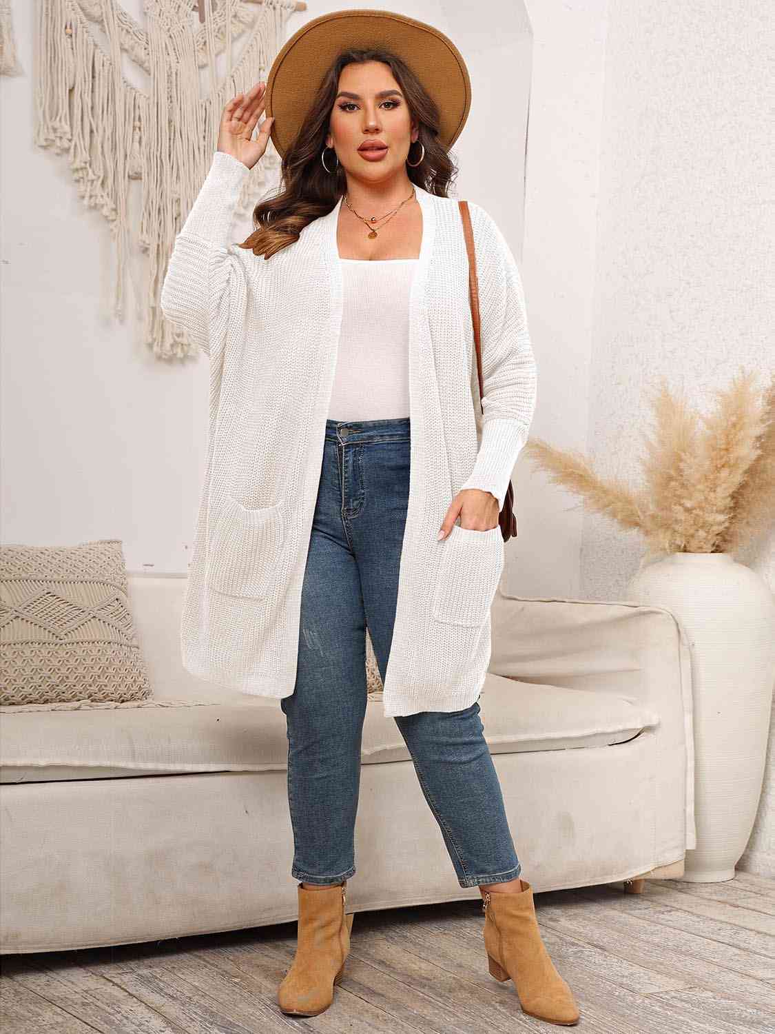 Plus Size Open Front Cardigan With Pockets - TRENDMELO