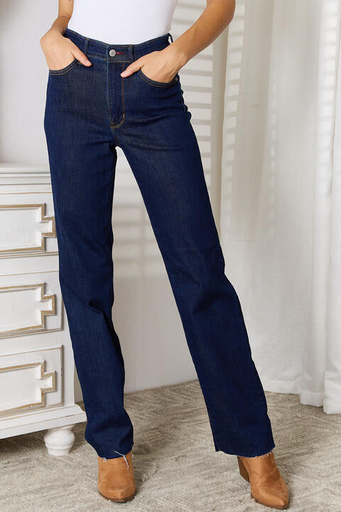 Judy Blue Full Size Raw Hem Straight Leg Jeans with Pockets - TRENDMELO