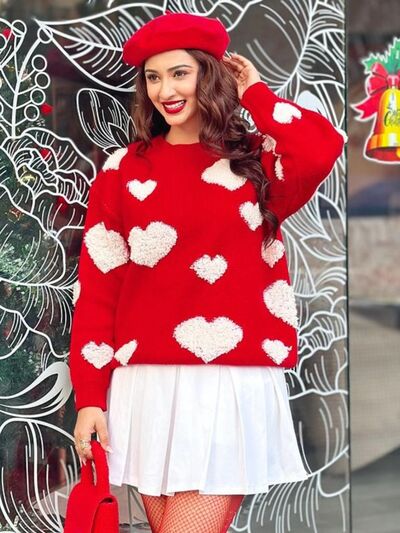 Heart Round Neck Dropped Shoulder Sweater - TRENDMELO