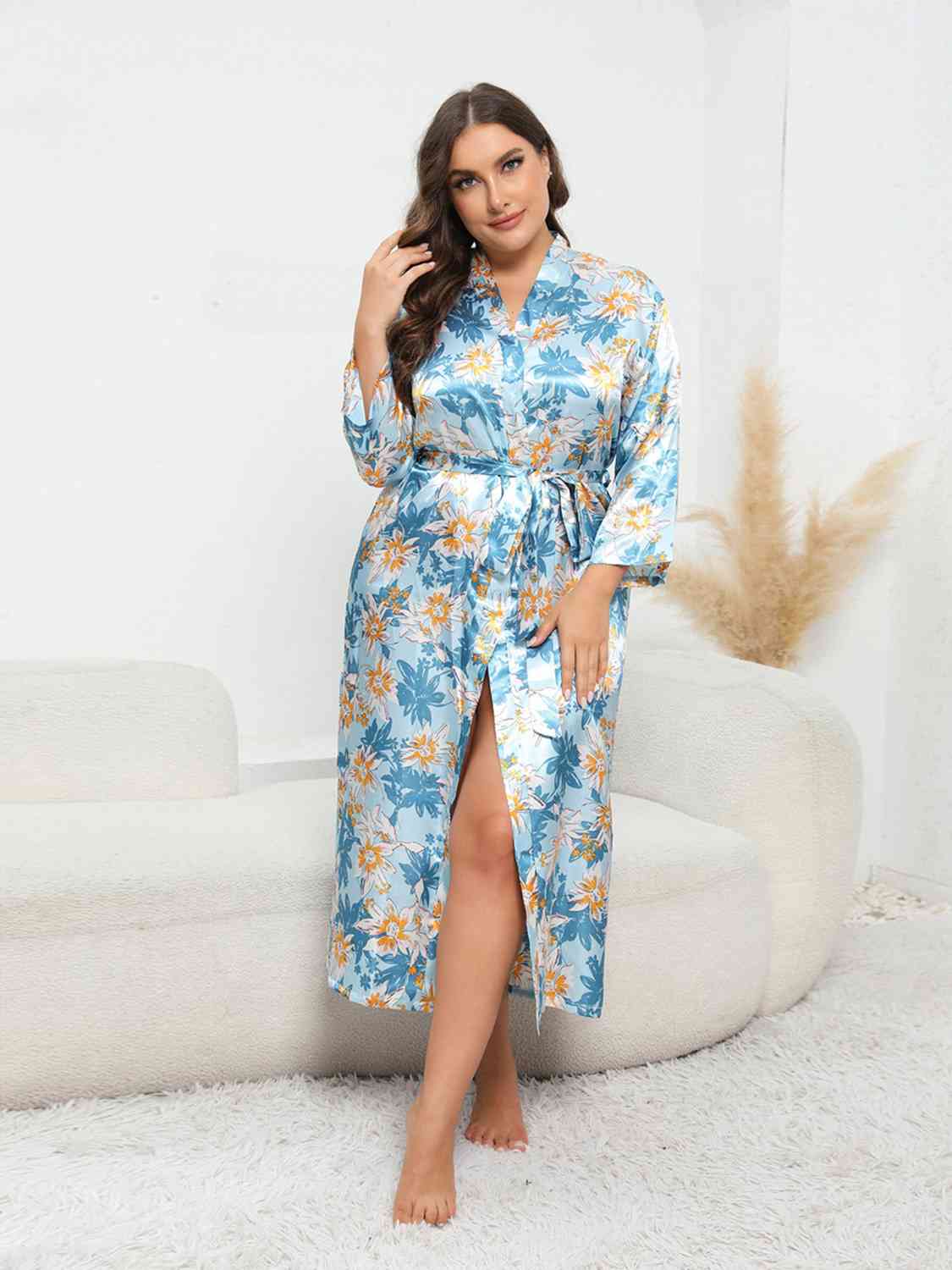 Plus Size Tie Waist Robe - TRENDMELO