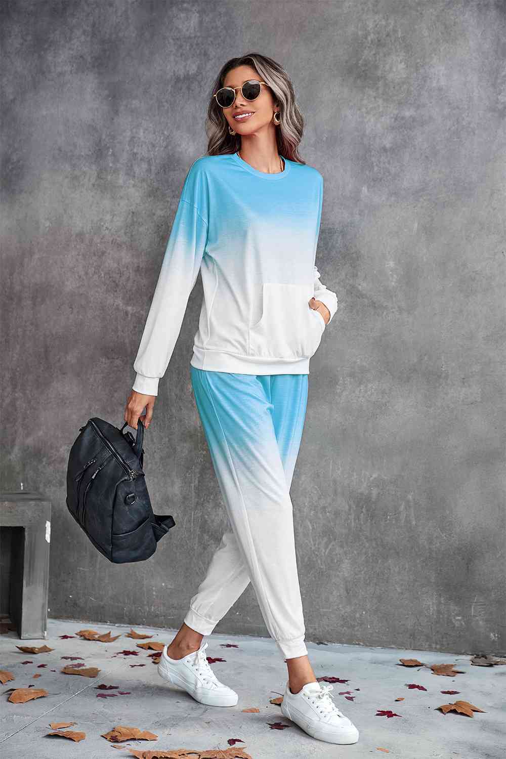 Gradient Round Neck Sweatshirt and Joggers Set - TRENDMELO