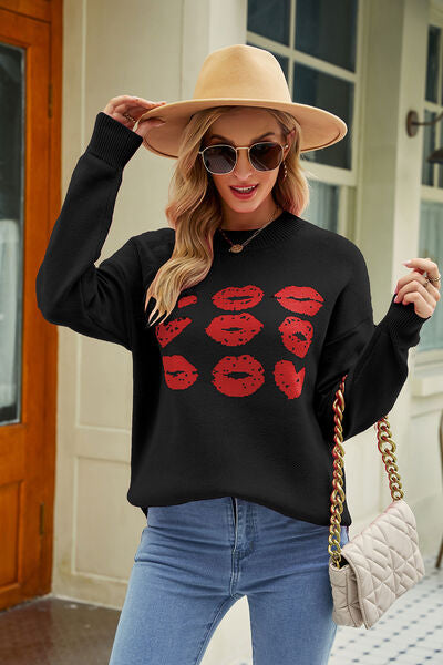 Contrast Lip Pattern Round Neck Slit Sweater - TRENDMELO