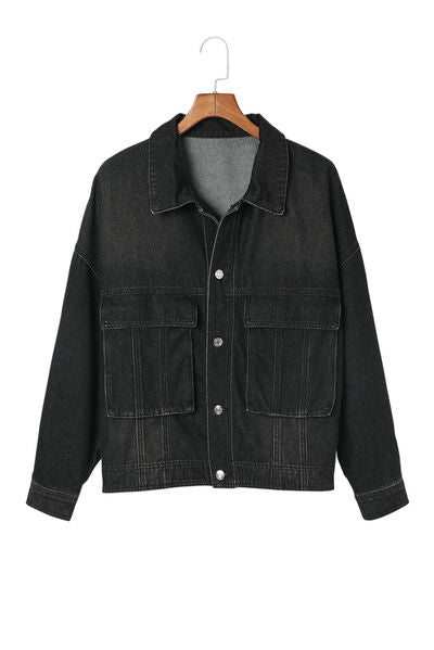 Button Up Dropped Shoulder Denim Jacket with Pockets - TRENDMELO