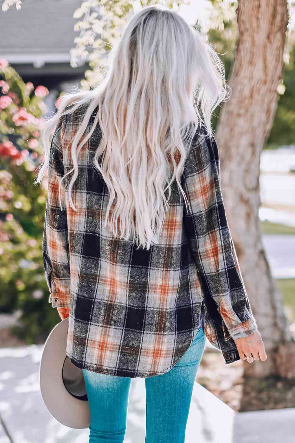 Double Take Plaid Side Slit Curved Hem Shirt - TRENDMELO