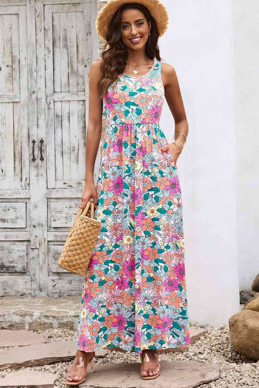 Round Neck Sleeveless Maxi Dress with Pockets - TRENDMELO