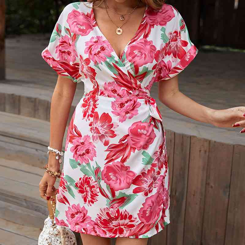 Floral Tied Short Sleeve Mini Dress - TRENDMELO