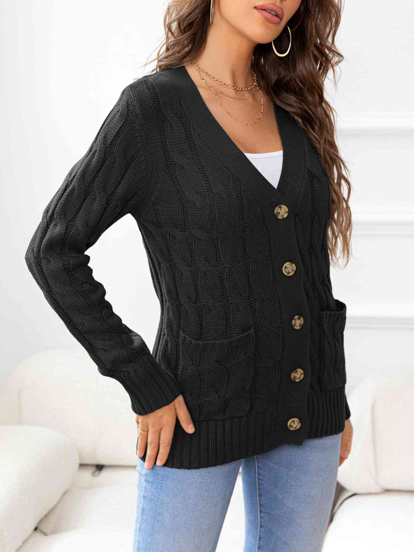 Button Down Cable-Knit Cardigan - TRENDMELO