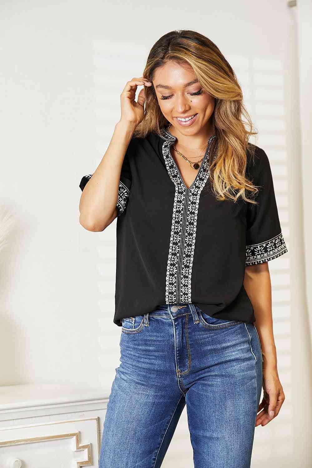 Double Take Embroidered Notched Neck Top - TRENDMELO