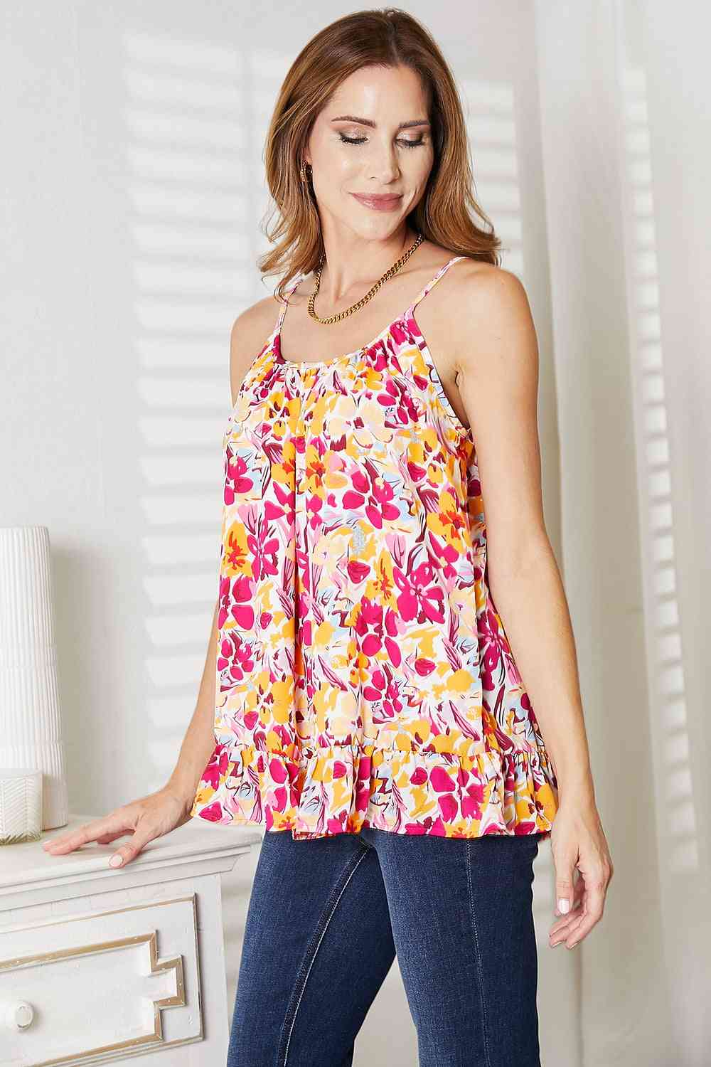 Double Take Floral Scoop Neck Ruffle Hem Cami - TRENDMELO