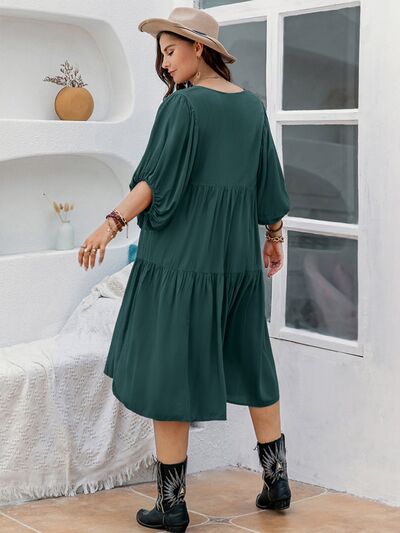 Plus Size Tie Neck Balloon Sleeve Midi Dress - TRENDMELO