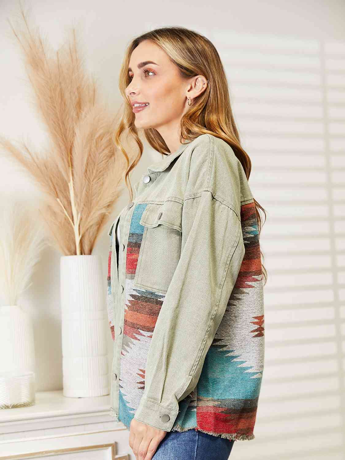 Dropped Shoulder Long Sleeve Printed Denim Jacket - TRENDMELO