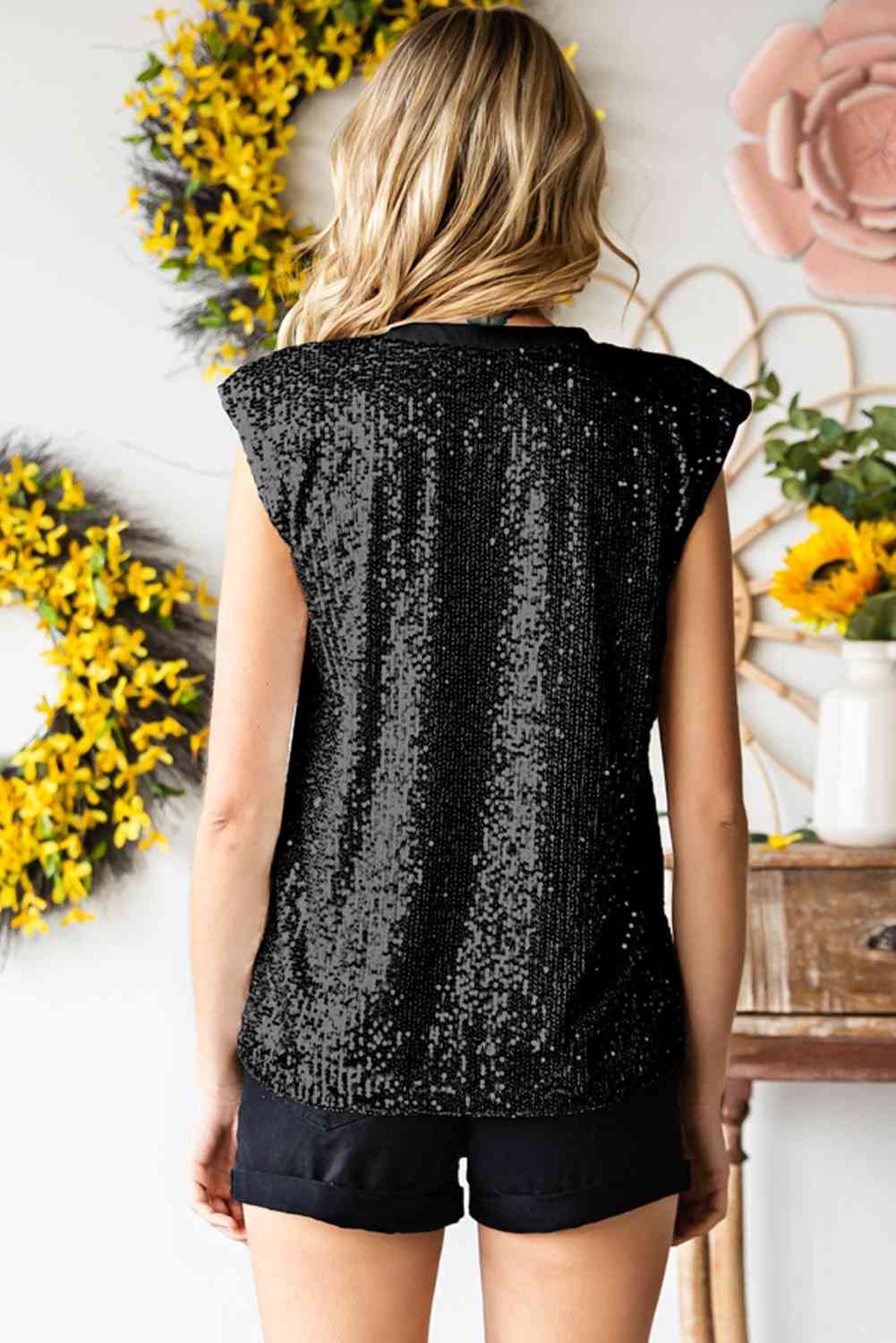 Sequin Round Neck Capped Sleeve Tank - TRENDMELO