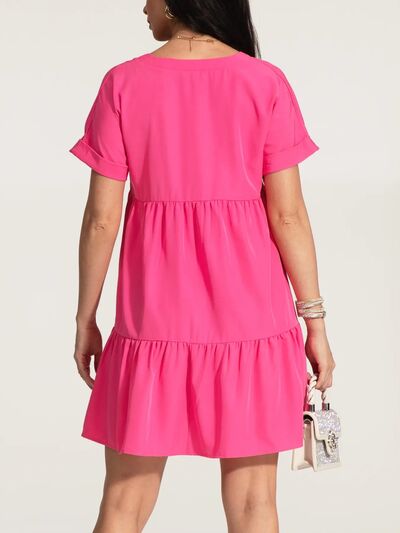 V-Neck Short Sleeve Ruffle Hem Dress - TRENDMELO