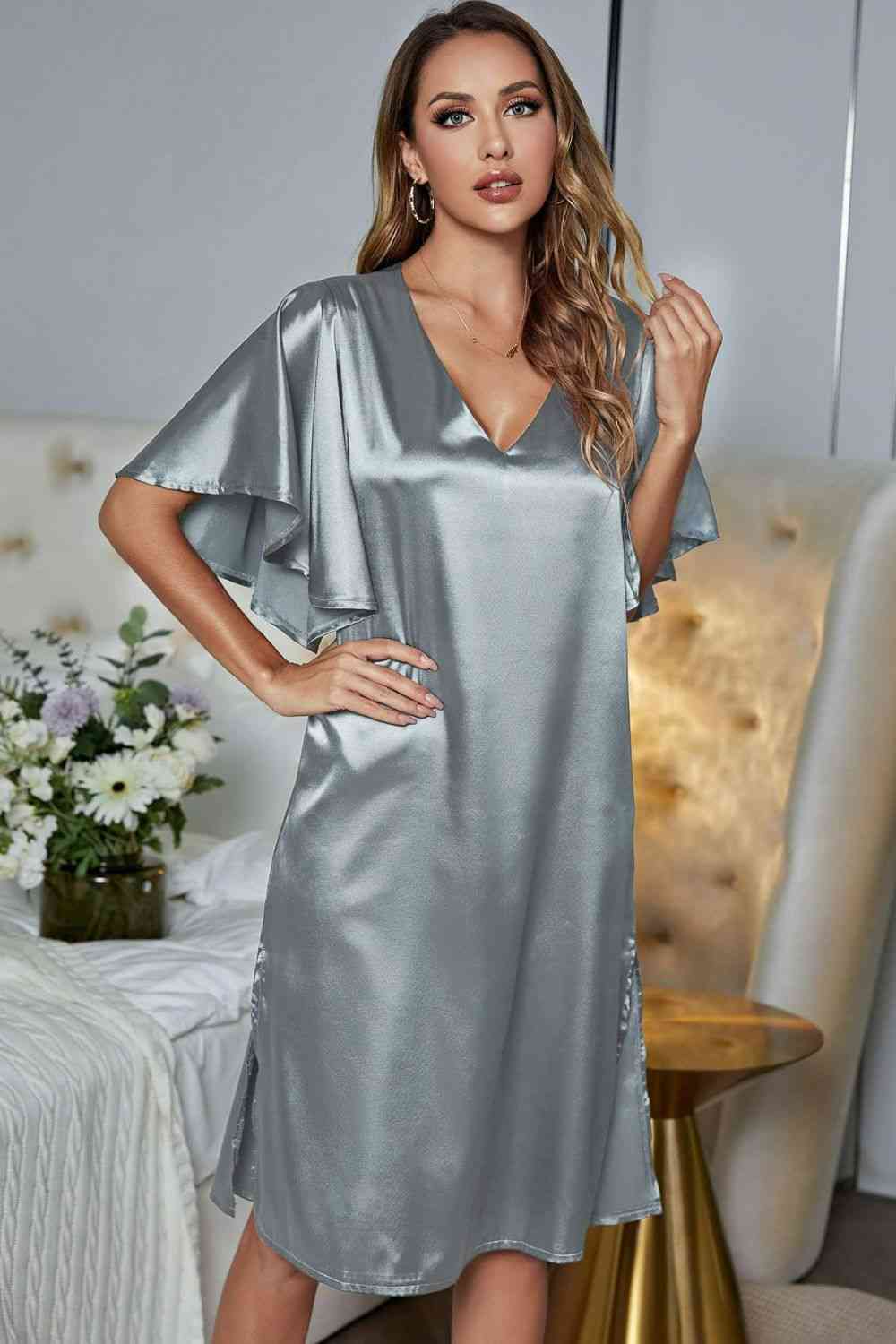 Satin Flutter Sleeve Side Slit V-Neck Night Dress - TRENDMELO