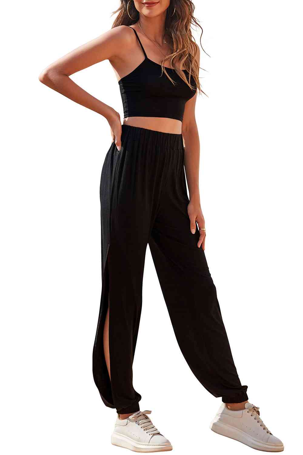 Cropped Cami and Side Split Joggers Set - TRENDMELO