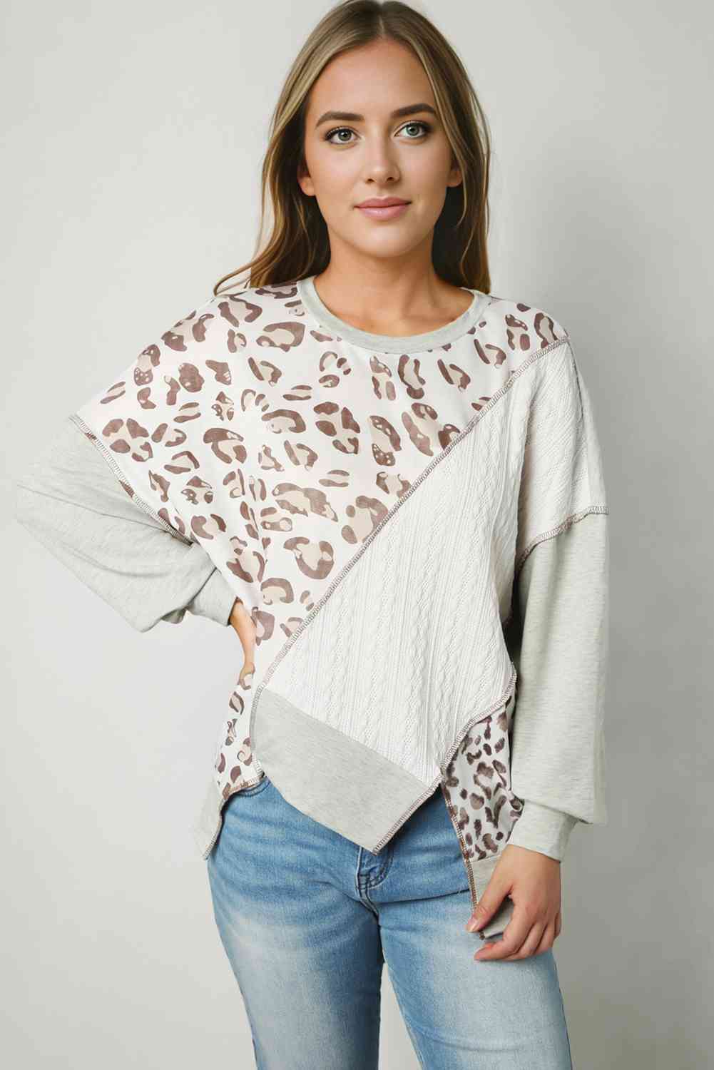 Leopard Exposed Seams Round Neck Sweatshirt - TRENDMELO