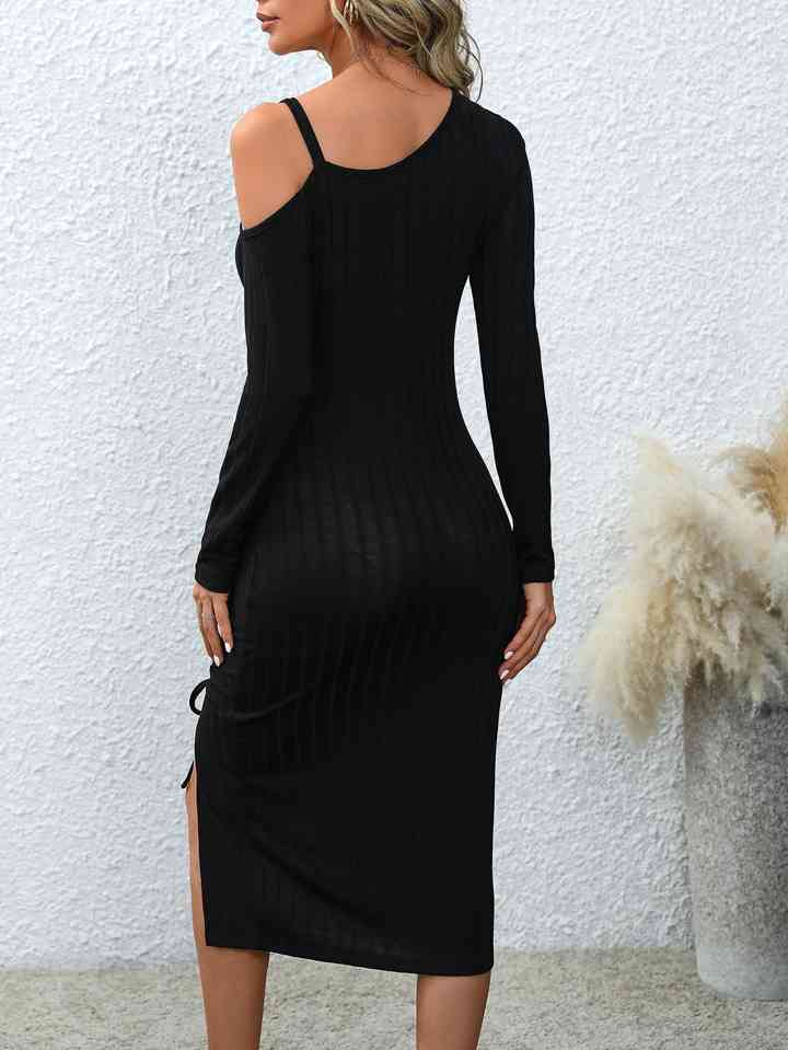 Asymmetrical Neck Drawstring Slit Dress - TRENDMELO