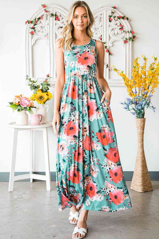 Floral Sleeveless Maxi Dress with Pockets - TRENDMELO