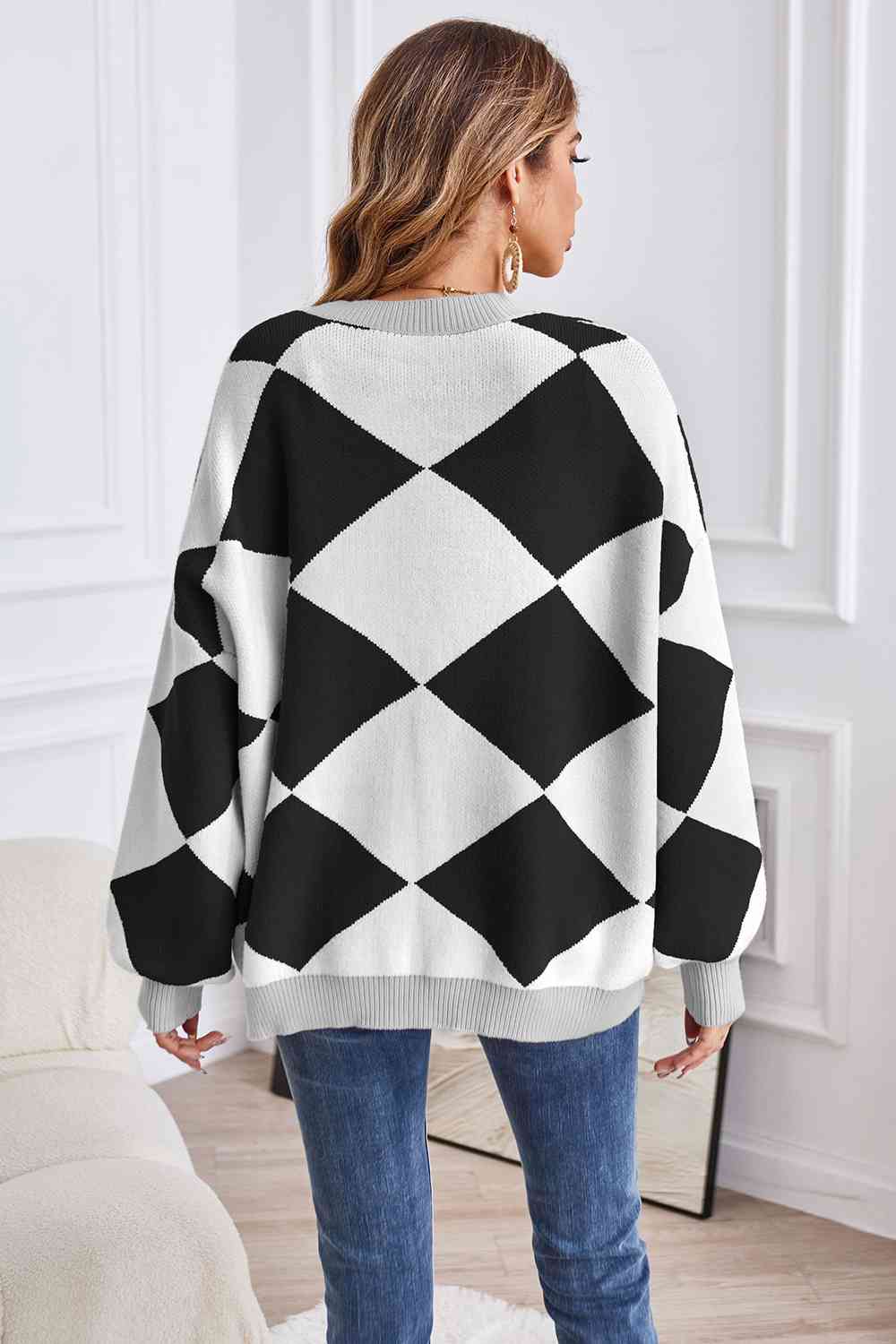 Geometric Lantern Sleeve Cardigan with Pockets - TRENDMELO