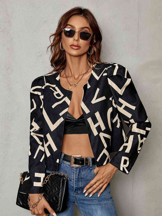 Printed Round Neck Long Sleeve Jacket - TRENDMELO