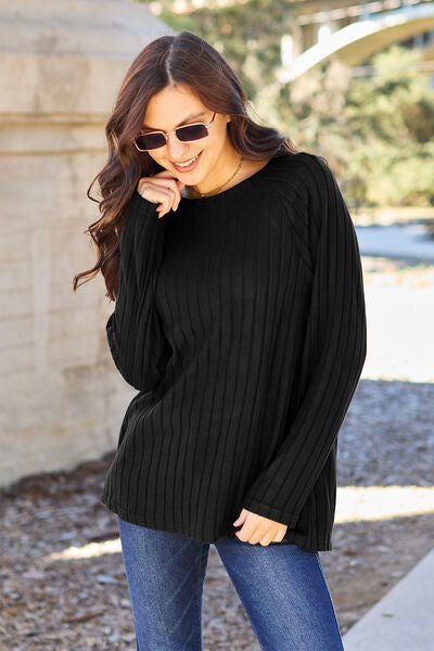 Basic Bae Full Size Ribbed Round Neck Long Sleeve Knit Top - TRENDMELO