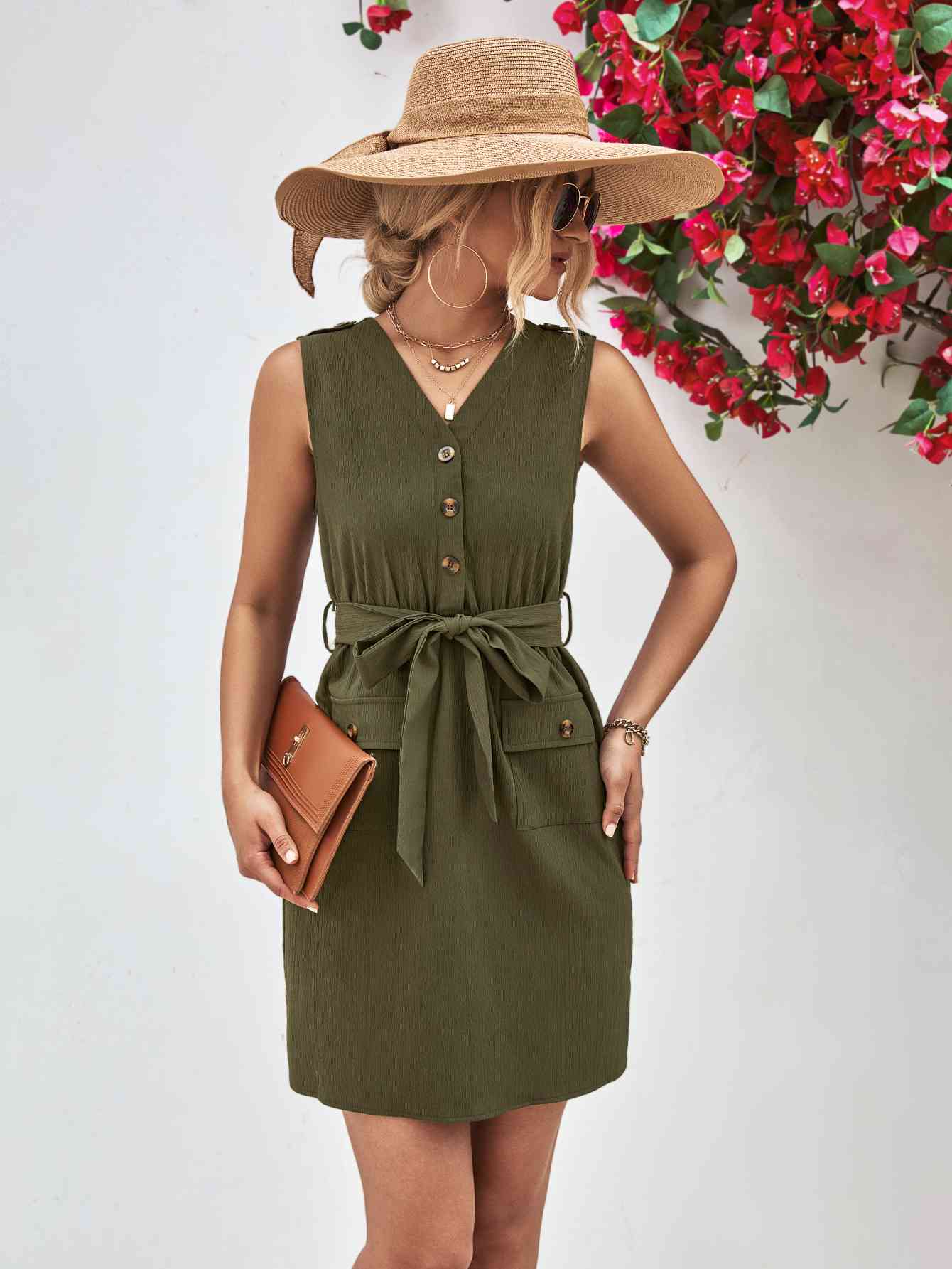 Buttoned V-Neck Belted Sleeveless Dress - TRENDMELO