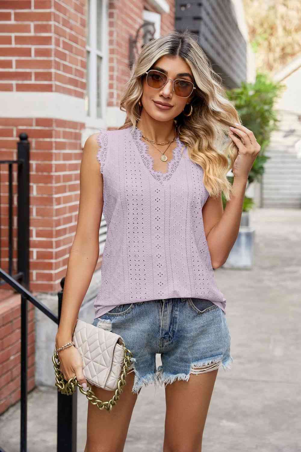 Eyelet Lace Trim Eyelash V-Neck Tank - TRENDMELO