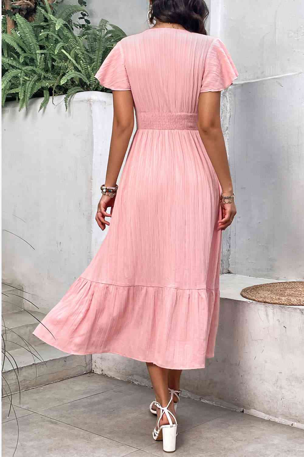 Surplice Neck Smocked Waist Flutter Sleeve Dress - TRENDMELO