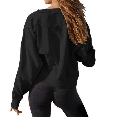 Round Neck Drop Shoulder Long Sleeve Sweatshirt - TRENDMELO