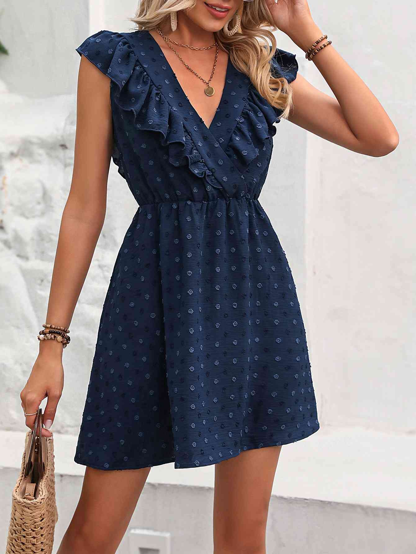 Swiss Dot Ruffled Plunge Dress - TRENDMELO