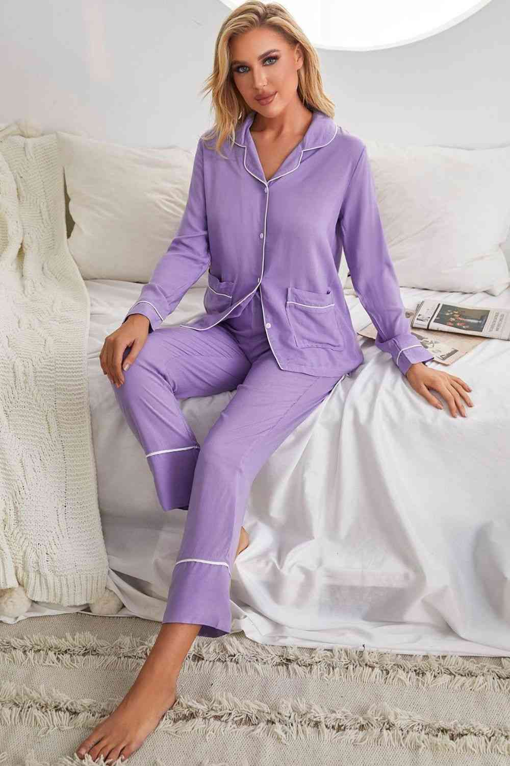 Contrast Lapel Collar Shirt and Pants Pajama Set with Pockets - TRENDMELO