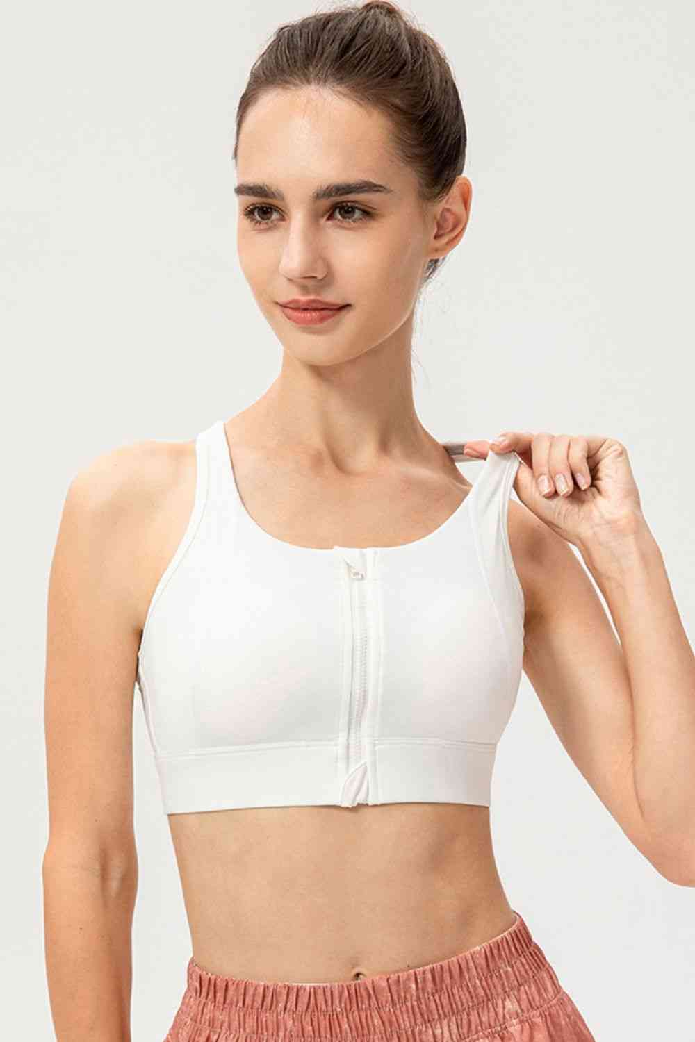 Zip-Up Round Neck Sports Bra - TRENDMELO