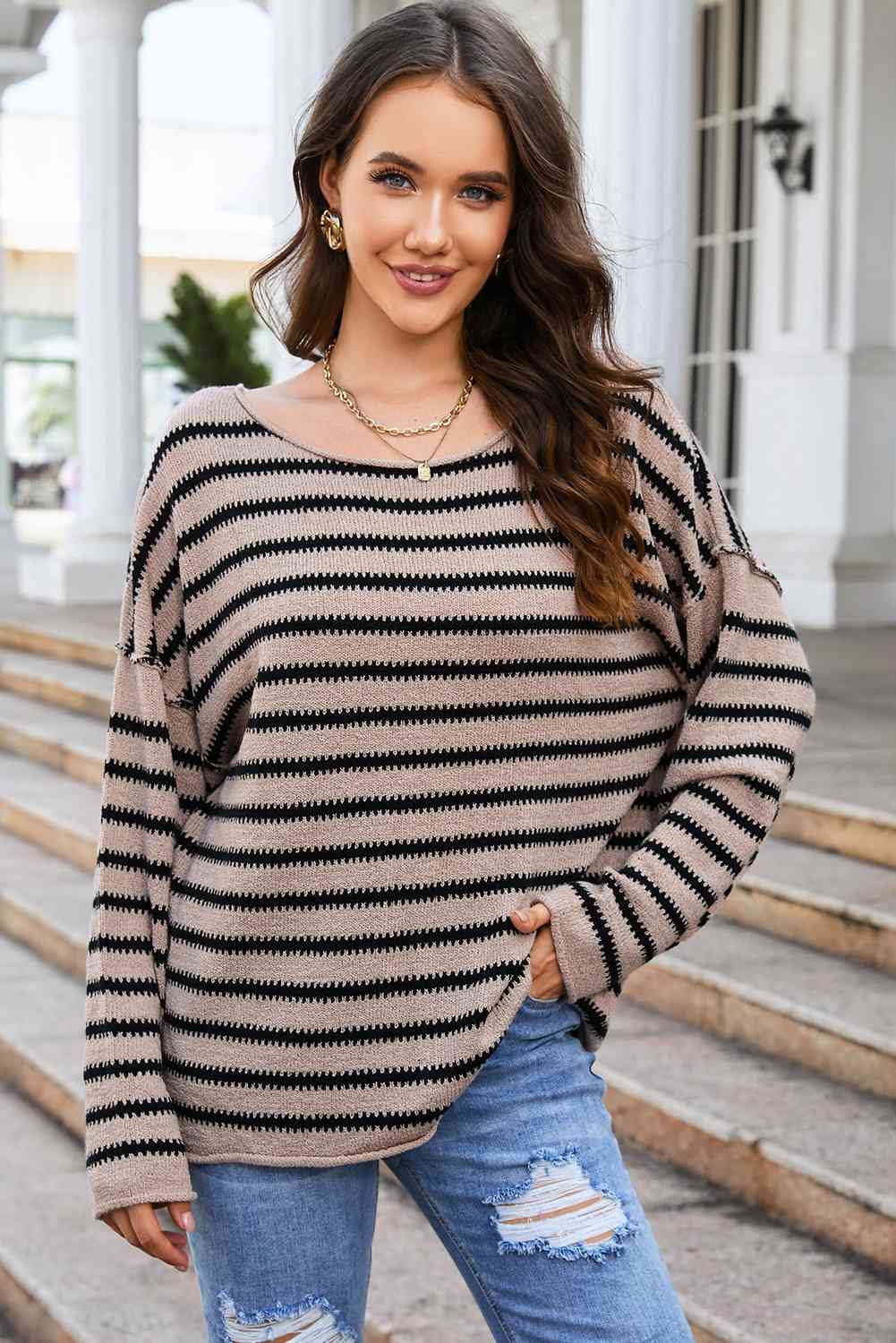 Round Neck Dropped Shoulder Knit Top - TRENDMELO