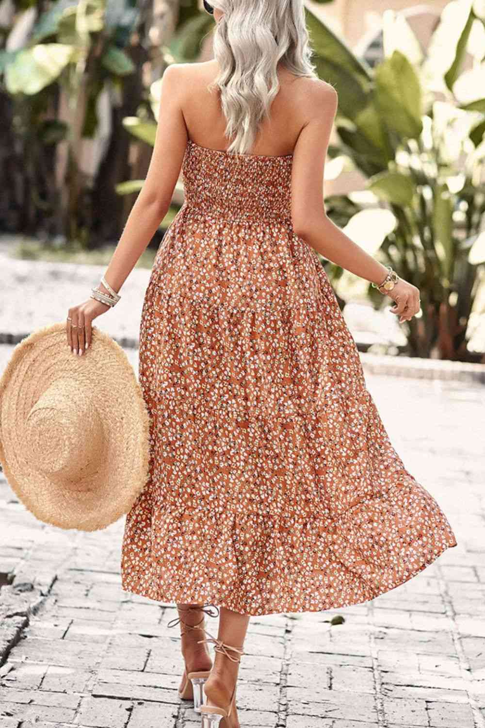 Floral Strapless Slit Midi Dress with Pockets - TRENDMELO